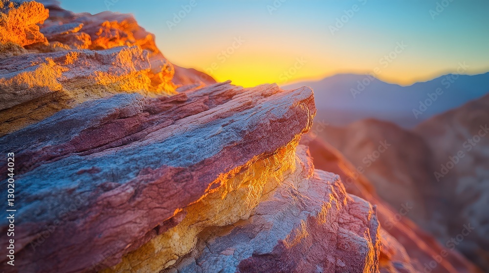 Obraz premium A mesmerizing close-up of layered rocks exuding vivid oranges and yellows, with dark hues dominating the upper strata—nature's abstract art captured in stone