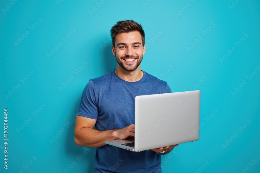Smiling young adult male using laptop computer while standing against a vibrant blue background, showcasing a casual and relaxed atmosphere ideal for remote work or digital communication. Smiling young adult male using laptop computer while standing against a vibrant blue background, showcasing a casual and relaxed atmosphere ideal for remote work or digital communication.