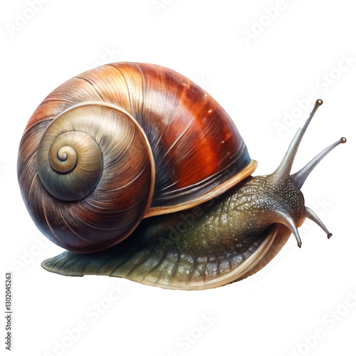 Large Brown Snail with a Spiral Shell Crawling on a White Surface