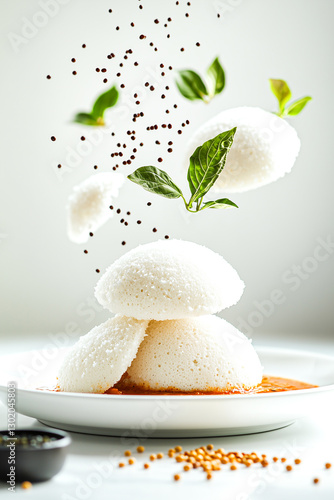 Floating idli with coconut chutney and sambar droplets