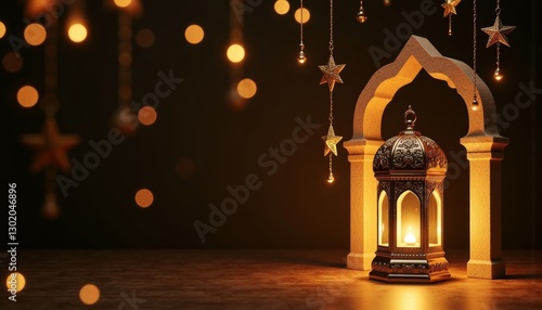 Islamic podium with golden ornament background