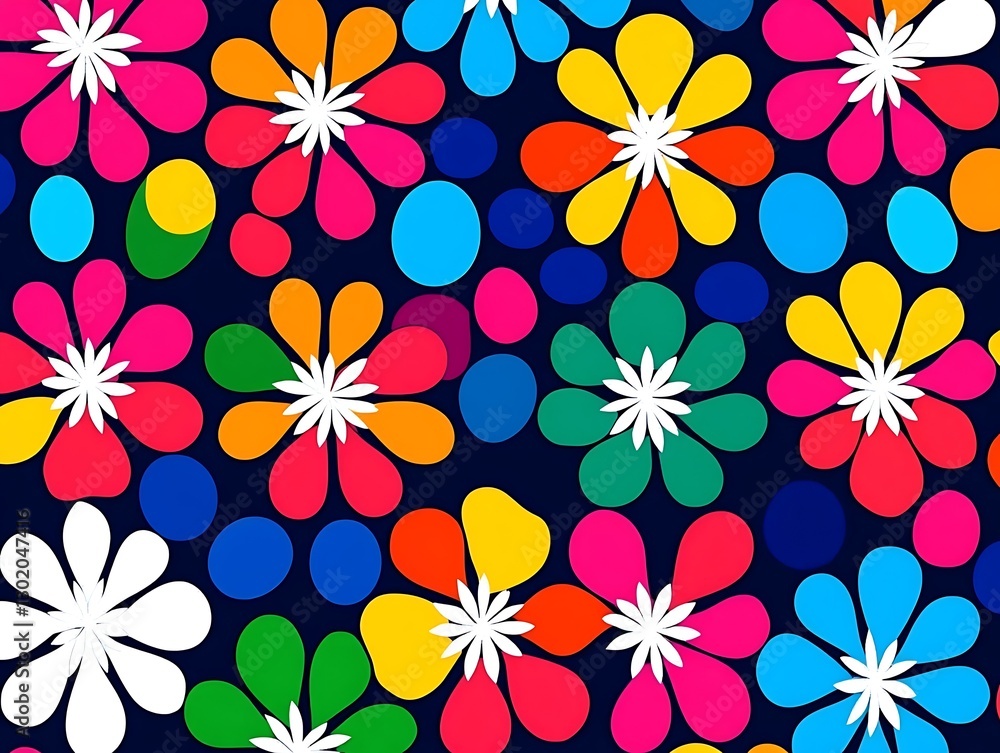 Vibrant Floral Pattern Featuring Retro Style Design Elements on Dark Backdrop Vibrant Floral Pattern Featuring Retro Style Design Elements on Dark Backdrop