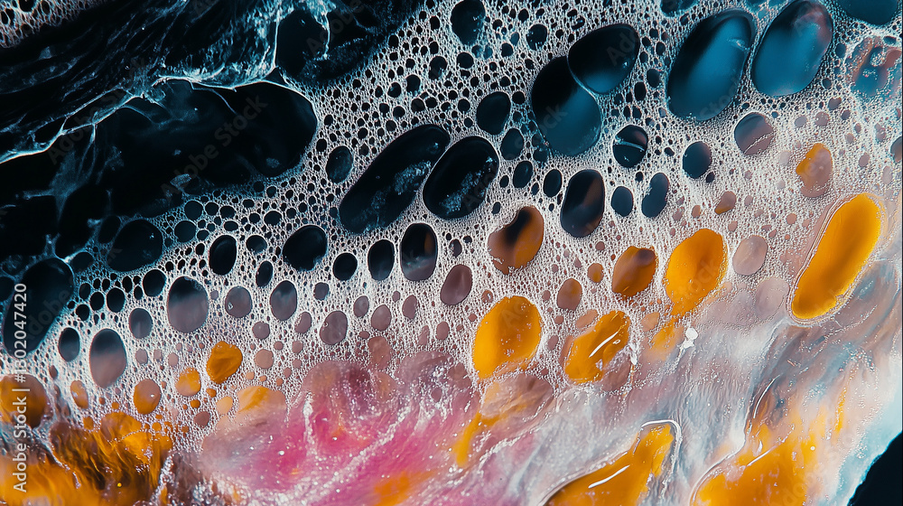 Abstract bubbles and liquid textures with vibrant colors and organic fluid shapes. Macro view of translucent materials resembling a microscopic coral reef with water droplets in shades of black, blue, Abstract bubbles and liquid textures with vibrant colors and organic fluid shapes. Macro view of translucent materials resembling a microscopic coral reef with water droplets in shades of black, blue,