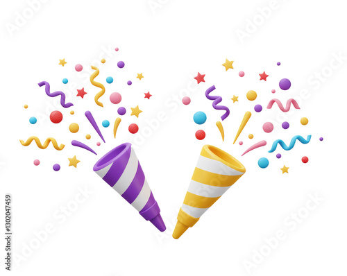 3d icon party popper. Cartoon emoji of birthday confetti explosion.