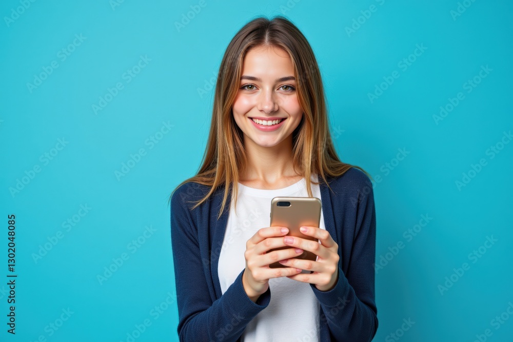 Young Woman Smiling While Holding Smartphone in Front of Blue Background, Representing Happiness and Communication in Modern Life Young Woman Smiling While Holding Smartphone in Front of Blue Background, Representing Happiness and Communication in Modern Life