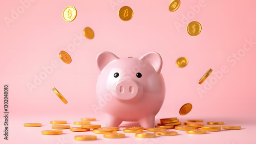 Pink piggy bank with coins representing savings and finance photo