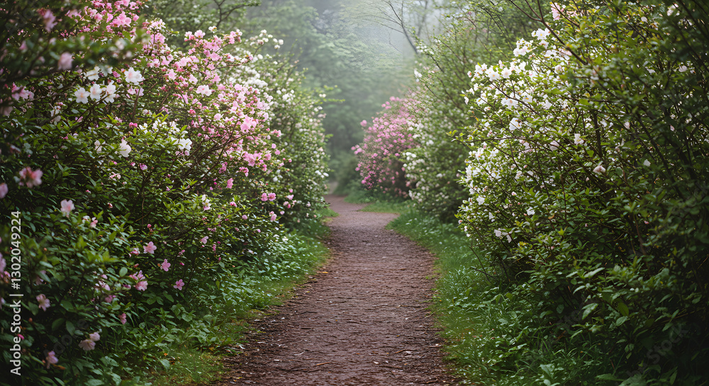 Serene path through blooming azaleas in misty forest pink walk calm park on transparent background Serene path through blooming azaleas in misty forest pink walk calm park on transparent background
