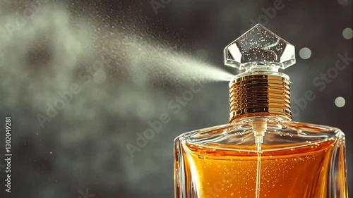 Amber perfume in a glass bottle spraying a fine mist.