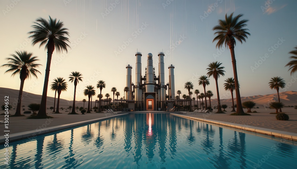 Fototapeta premium Futuristic Desert Oasis Resort with Swimming Pool and Palm Trees at Sunset
