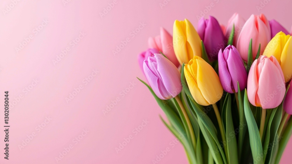 Bouquet of Tulips in Bloom Featuring Yellow Pink and Purple Colors Against a Solid Background Bouquet of Tulips in Bloom Featuring Yellow Pink and Purple Colors Against a Solid Background