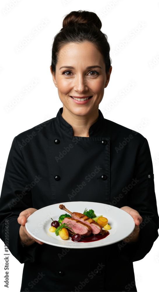 Female Chef Presenting Gourmet Dish With Colorful Vegetables In Professional Attire Against Dark Female Chef Presenting Gourmet Dish With Colorful Vegetables In Professional Attire Against Dark