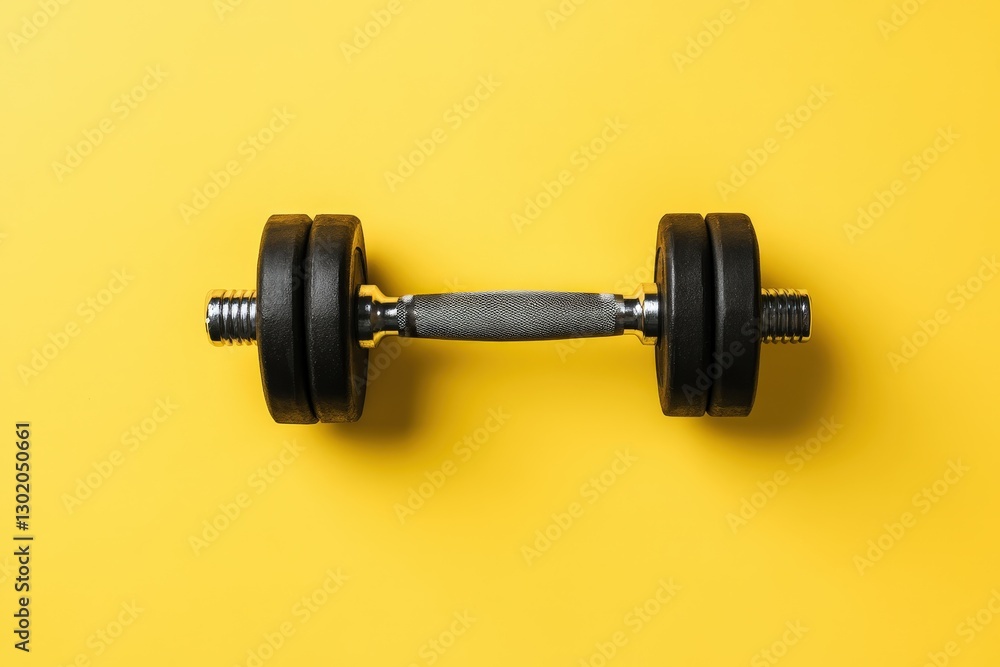 A dumbbell rests on a yellow background showing its details