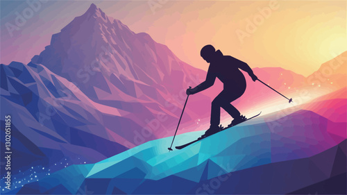 The image is a stylized digital illustration depicting a skier in silhouette descending a snow-covered mountain slope. The background features a mountainous landscape with a vibrant sunset. The