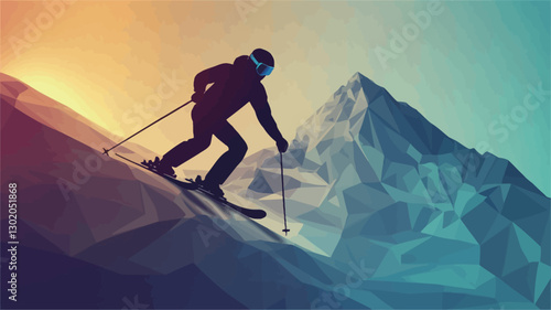 A digital illustration depicting the silhouette of a skier descending a mountain slope. The background features a stylized mountain range, rendered in a gradient of warm sunset colors transitioning