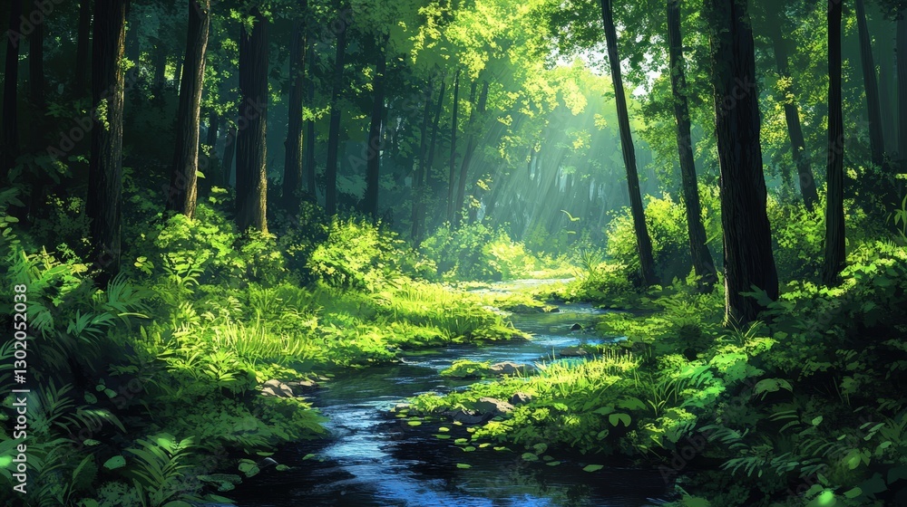 Naklejka premium Vibrant digital forest illustration; lush greens cascade under dappled sunlight filtering through majestic trees, casting serene shadows on sparkling streams below. Peaceful ambiance with thriving flo