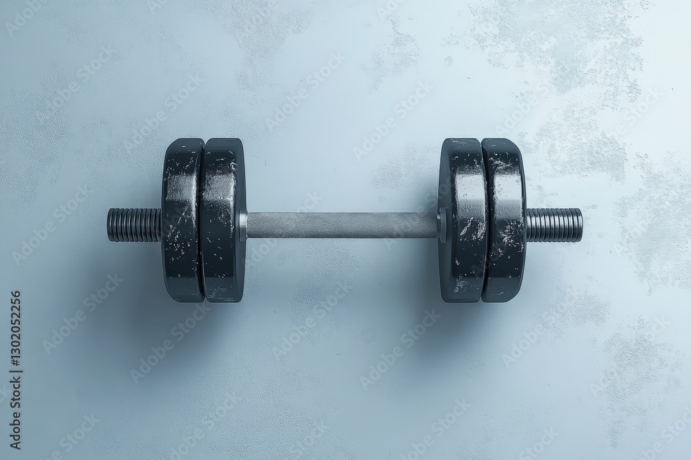 Naklejka premium A solitary dumbbell resting on a blue textured background surface