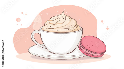 Digital illustration of a white coffee cup with a generous swirl of whipped cream on top, sitting on a saucer.  A pink macaron rests beside the cup. The background is a soft pink abstract shape