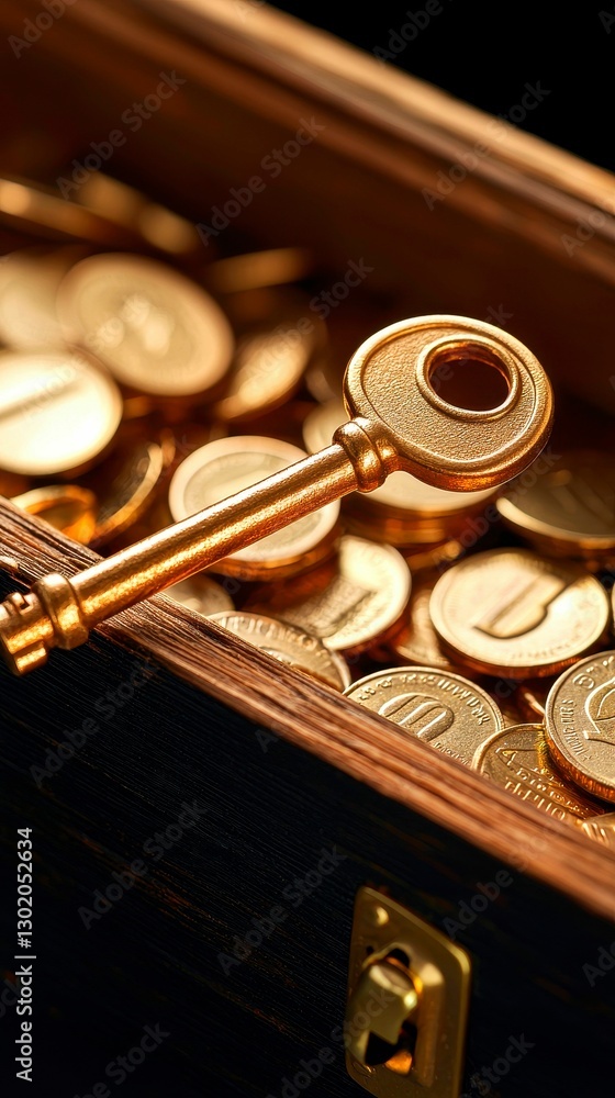 Golden Key and Coins in a Treasure Chest Unlock Riches Wealth and Prosperity Metaphorical Concept Golden Key and Coins in a Treasure Chest Unlock Riches Wealth and Prosperity Metaphorical Concept