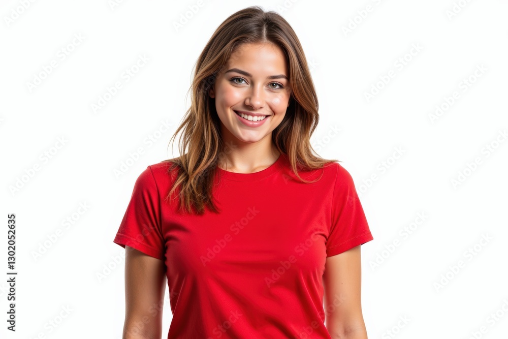 Smiling Young Caucasian Woman in a Red T-Shirt: An Expression of Confidence and Positivity Against a Neutral Background Context Smiling Young Caucasian Woman in a Red T-Shirt: An Expression of Confidence and Positivity Against a Neutral Background Context