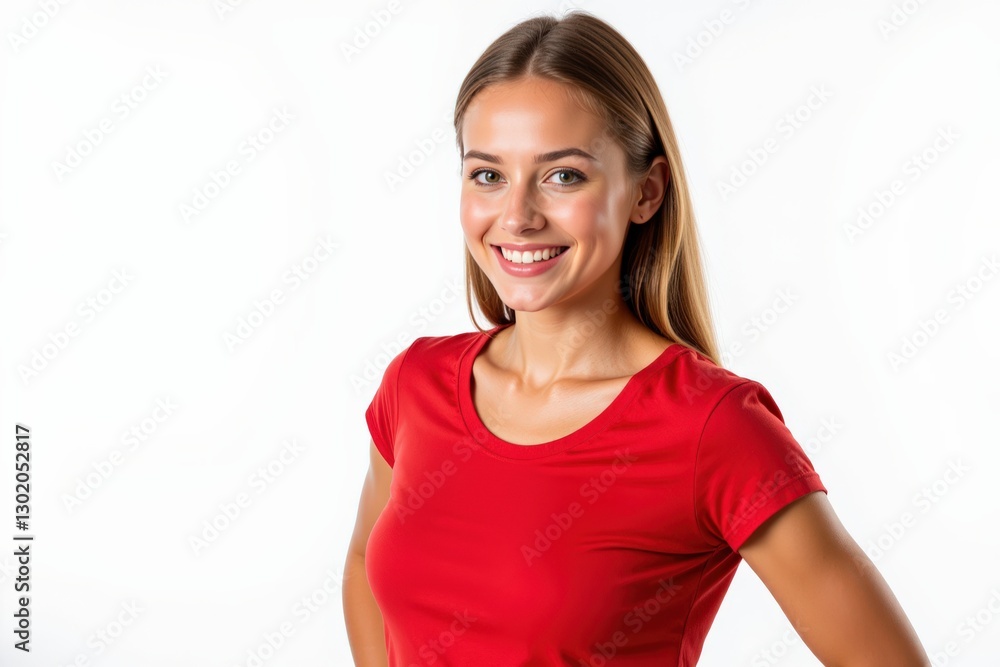 Smiling Young Woman in Red Shirt with Long Hair Against White Background, Exuding Positivity and Confidence, Portraying Youthful Spirit and Friendliness
