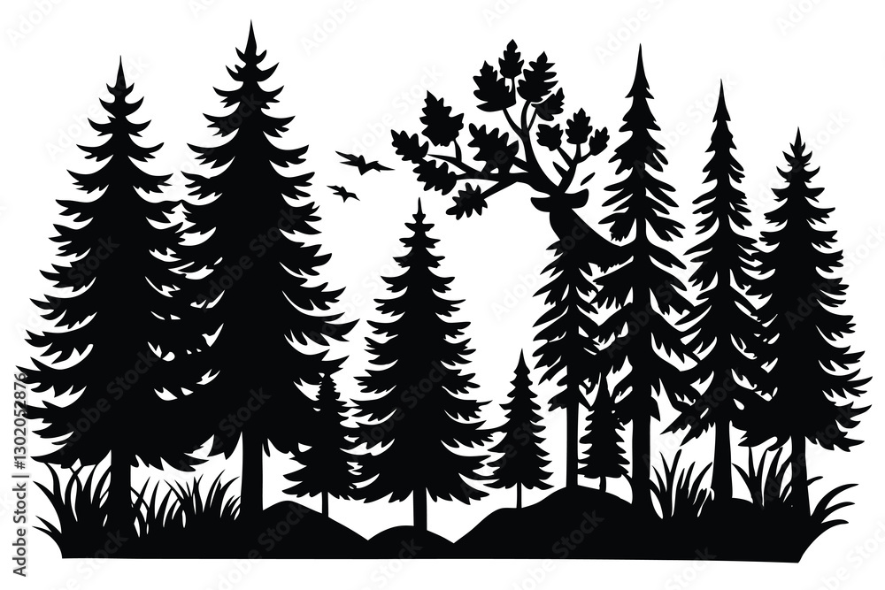 Obraz premium Forest landscape with black and white silhouettes of trees