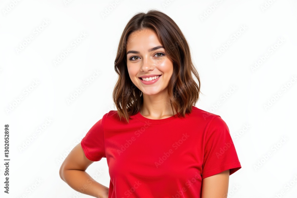 Smiling Young Woman with Brown Hair in Red T-Shirt Posing Against White Background, Exuding Confidence and Joy Smiling Young Woman with Brown Hair in Red T-Shirt Posing Against White Background, Exuding Confidence and Joy
