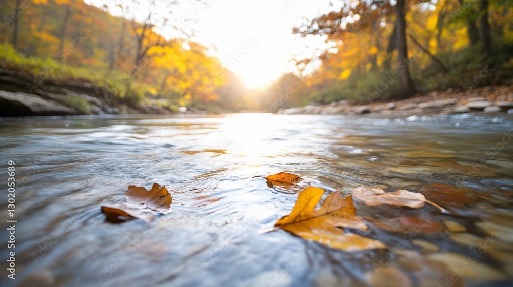 Autumn leaves floating on stream, forest backdrop