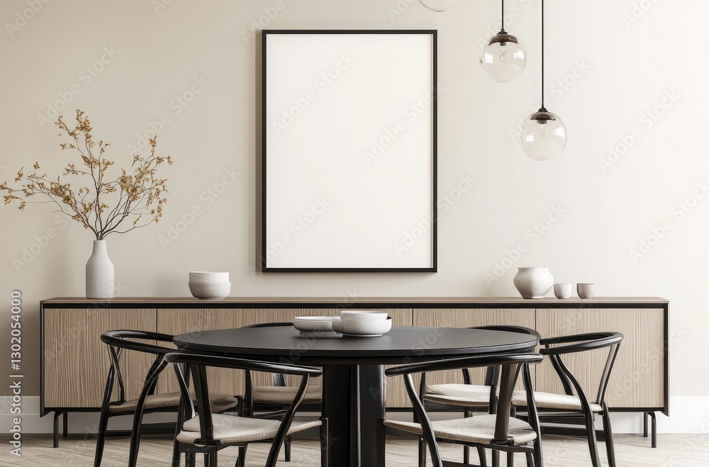 A Scandinavian-style dining room with an accent, round black table and chairs in the center of which is a mock-up poster frame hanging on a beige wall. A Scandinavian-style dining room with an accent, round black table and chairs in the center of which is a mock-up poster frame hanging on a beige wall.