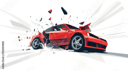 Digital illustration depicting a red car in a severe crash. The car is shown in a dynamic pose, with parts of the vehicle visibly broken and scattered.  The background features stylized, radiating