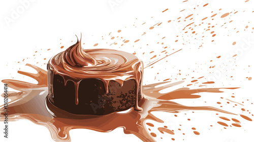 A digital illustration depicts a small, round chocolate cake generously coated in caramel sauce. The caramel sauce is dramatically splashed and splattered around the cake, creating a dynamic visual