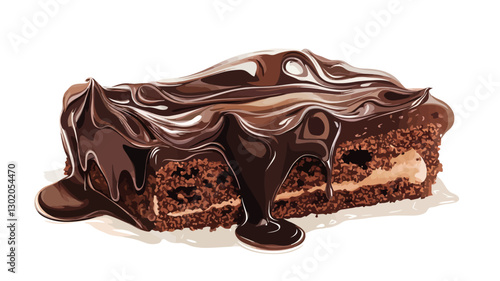 A digital illustration of a slice of chocolate fudge cake. The cake is dark brown, layered, and generously covered with a thick, glossy chocolate sauce that drips down the sides onto a white