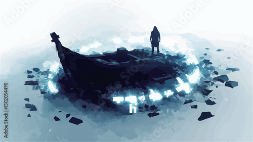 The image depicts a digital painting or illustration featuring a dark silhouette of a man standing on a small island of ice or debris, near a wrecked boat. The boat is partially submerged, and the