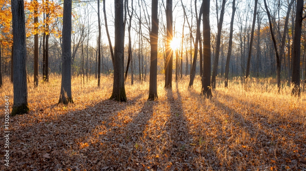 Autumn sunset illuminating forest floor Autumn sunset illuminating forest floor