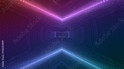 Fotografie blau violett leuchtende pfeilförmige Lichtpunkte, digitaler Datentransfer, KI, A