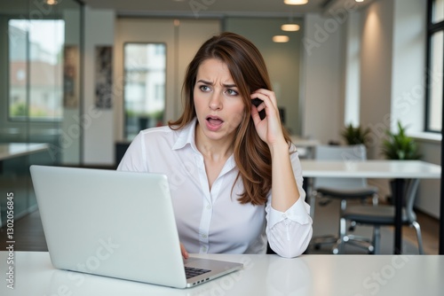 Young Caucasian Woman in Modern Office Looking Shocked While Working on Laptop, Surrounded by Stylish Furniture and Bright Natural Light, Expressing Surprise and Concern
