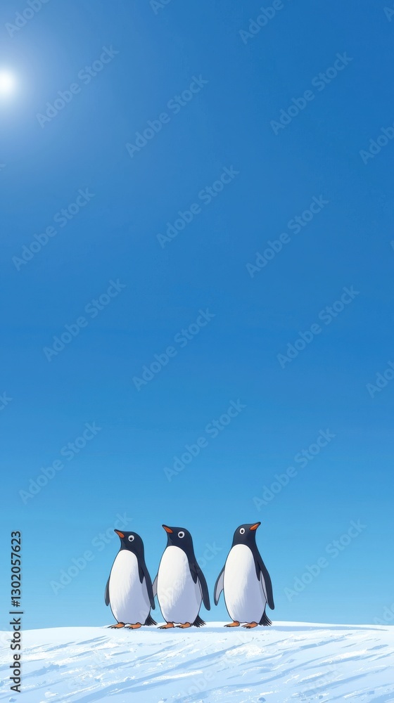 Obraz premium Group of Three Adorable Penguins Standing on Snow Against a Bright Blue Sky