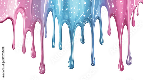 Close-up view of several streams of pastel-colored paint dripping downwards against a white background.  The paint appears glossy and slightly glittery. The colors include shades of pink, blue, and