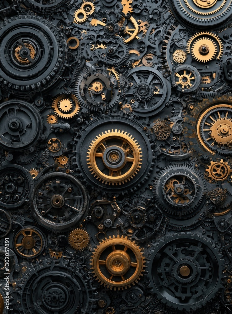 Intricate array of dark and gold gears. Intricate array of dark and gold gears.