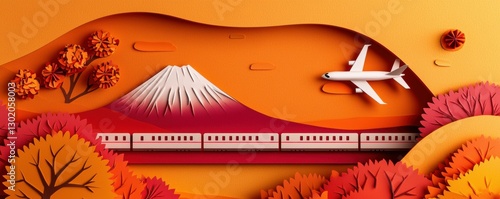 Vibrant Travel Paper Art Depicting Mountain Train and Airplane Journey with Autumnal Landscape