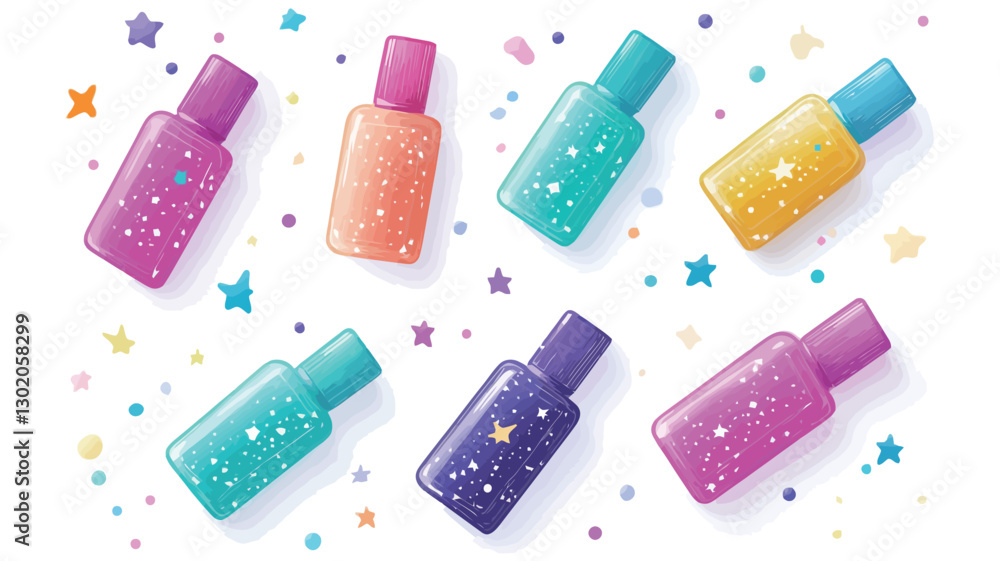 A digital illustration depicting six small, rectangular nail polish bottles in various pastel colors (pink, orange, teal, yellow, purple, light blue). Each bottle has a small, matching cap. The A digital illustration depicting six small, rectangular nail polish bottles in various pastel colors (pink, orange, teal, yellow, purple, light blue). Each bottle has a small, matching cap. The