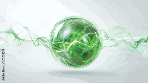 The image depicts a translucent, spherical object with a vibrant green interior, resembling an energy source or crystal.  Internal lines suggest internal movement or energy flow.  It is centrally