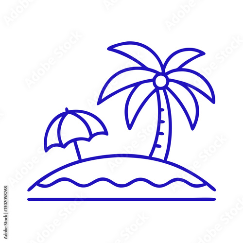 Palm tree and beach umbrella icon on island, blue outline, modern design