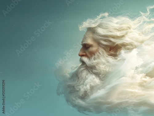 Majestic Portrait of a Divine Being with Flowing White Beard and Cloud-like Hair in Blue Realm