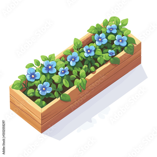 Isometric Planter Box with Blue Flowers