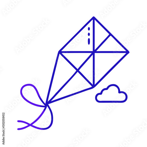 Kite icon flying in the sky, with clouds, blue outline, modern design