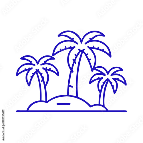 Palm trees icon on an island, showcasing nature and relaxation, blue outline, modern design