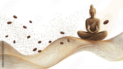 Digital illustration depicting a bronze-colored statue of a Buddha in a meditative pose seated atop a flowing, wave-like beige and brown abstract form.  Coffee beans are scattered around the figure
