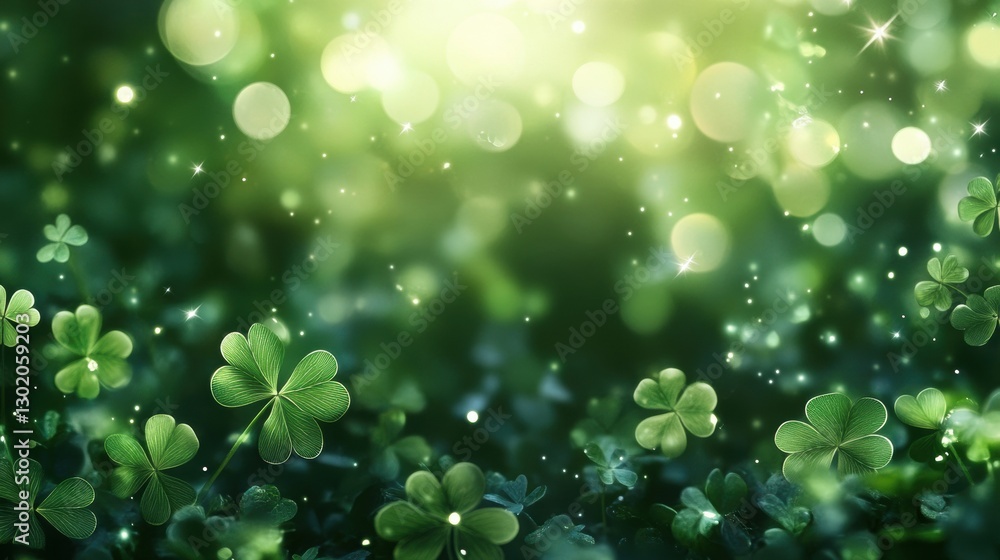 abstract background with soft, glowing shamrocks in various shades of green, layered with a subtle bokeh effect and light sparkles, creating a magical and festive ambiance. abstract background with soft, glowing shamrocks in various shades of green, layered with a subtle bokeh effect and light sparkles, creating a magical and festive ambiance.