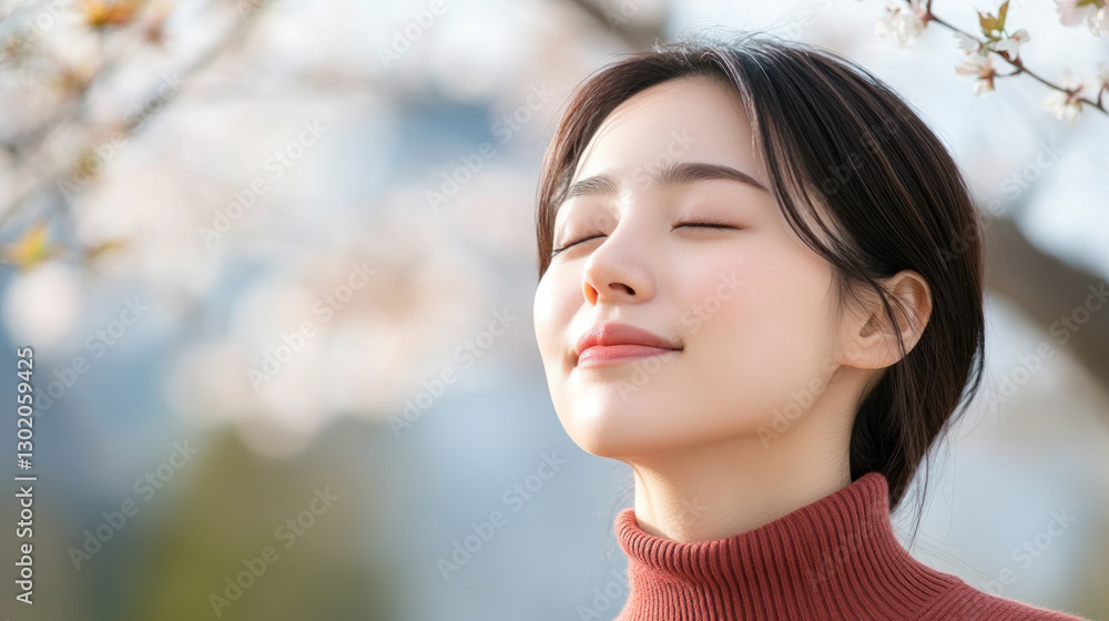 Chinese woman in red ribbed necks closed eyes enjoy fresh air in park with cherry blossom Chinese woman in red ribbed necks closed eyes enjoy fresh air in park with cherry blossom