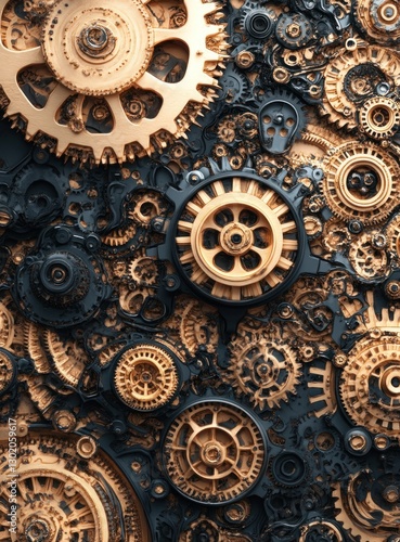 Intricate clockwork gears, gold and black, complex mechanism.